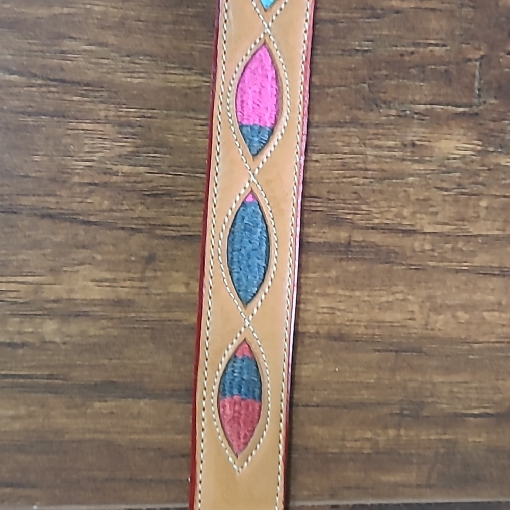 Western Leather Embroidered Belt with Brass Accents Tan, Purple, Yellow, White - Picture 9 of 12